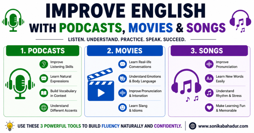 Improve English with podcasts, movies & songs