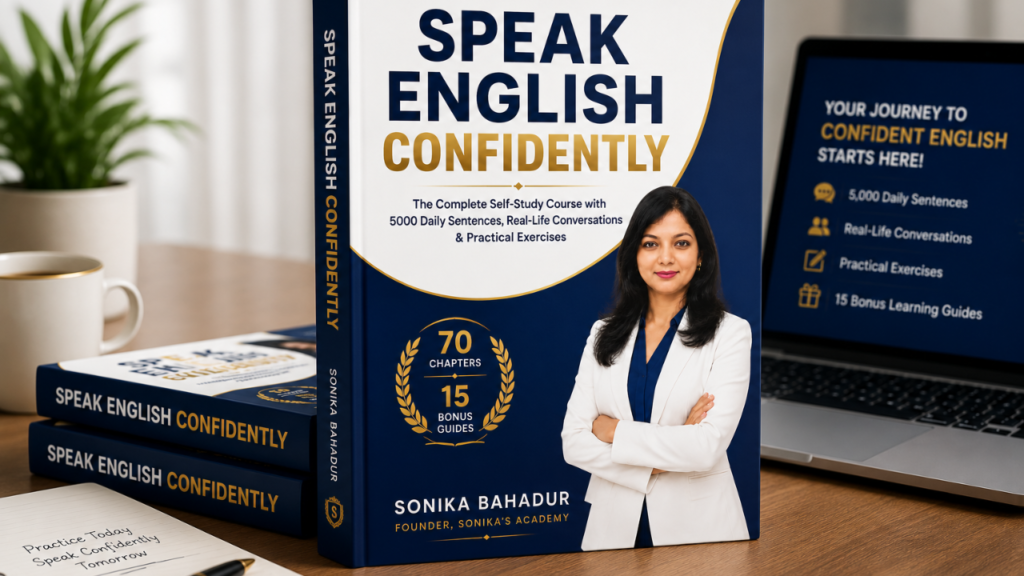 3D mockup of the Speak English Confidently book featuring 5,000 daily English sentences, 70 practical chapters, and 15 bonus learning guides.